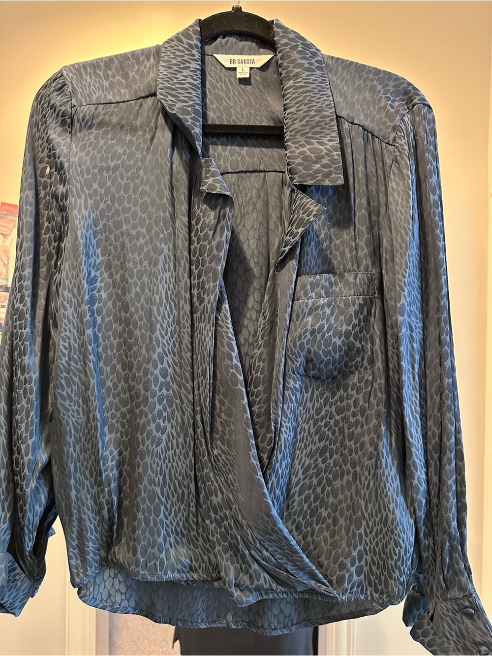BB Dakota Slate Blue Textured Wrap Blouse with Pocket